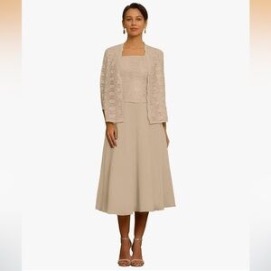 Chic Cream Midi Dress with Lace Jacket